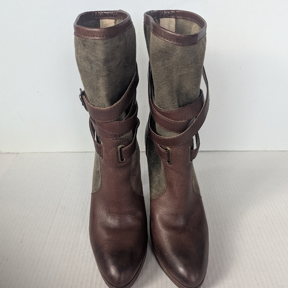 Frye Harlow Multi Strappy Harness BrownbTan Heeled Leather Canvas Boots 10 M - Picture 2 of 12